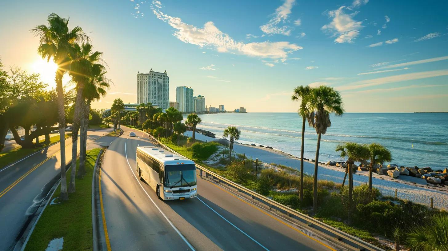 a luxurious tampa corporate charter bus glides along a scenic coastal road, surrounded by vibrant palm trees and the shimmering blue waters, embodying comfort and sustainability as it prepares to transport a lively group eager to explore the city's culinary delights.