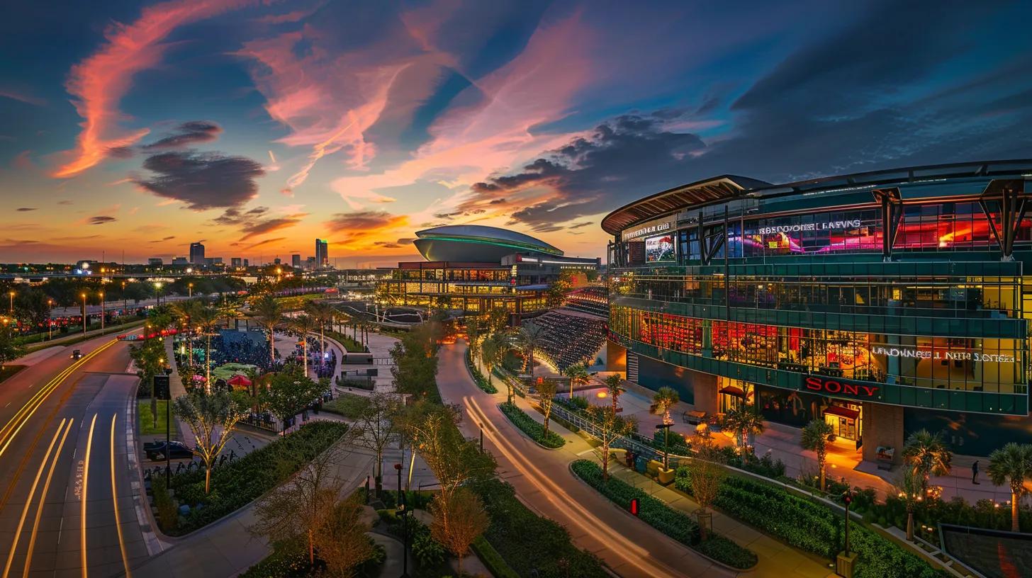 a panoramic view of the vibrant tampa skyline at twilight, featuring the illuminated raymond james stadium and the lush greenery of big cat rescue, surrounded by sleek corporate hotels and bustling restaurants, all set against a backdrop of streaking clouds reflecting the hues of sunset.