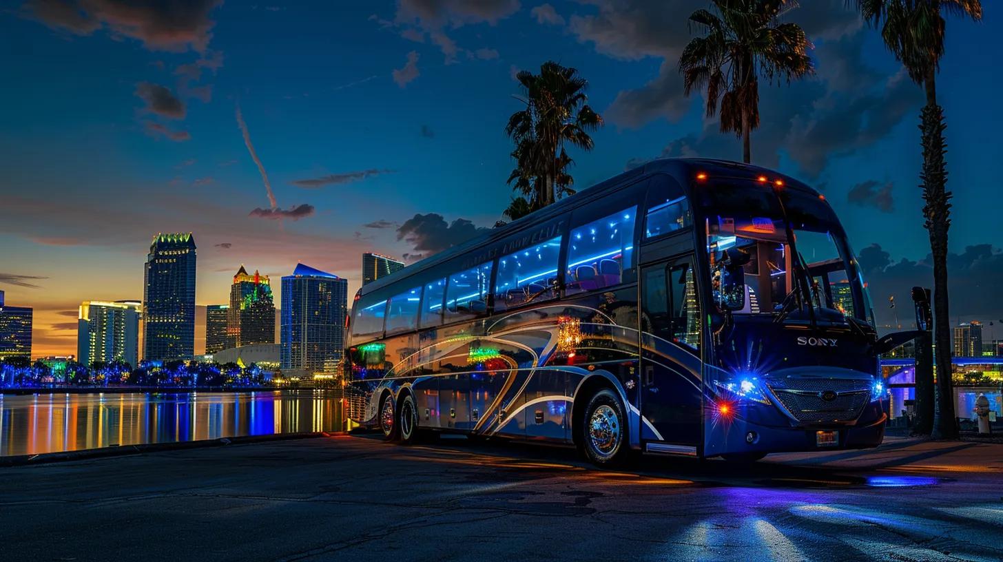 a sleek corporate charter bus parked against the vibrant backdrop of tampa's skyline during the festive gasparilla pirate festival, capturing a spirit of efficient transportation and lively celebration.