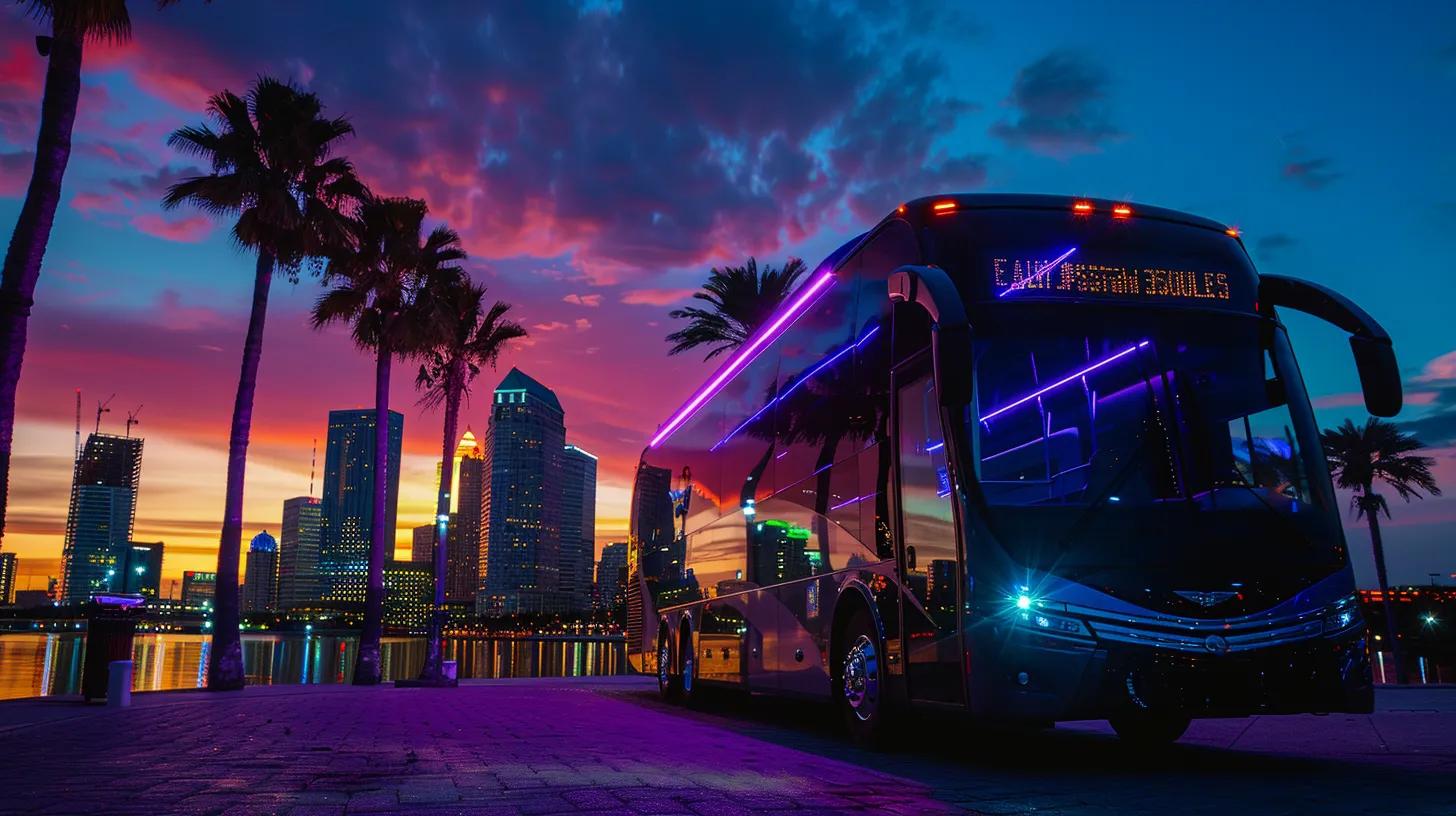 a sleek, modern corporate bus parked against the vibrant skyline of tampa at twilight, illuminated by warm city lights, symbolizing seamless and professional group transportation.