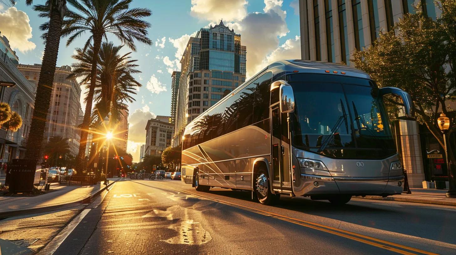 a sleek, modern corporate charter bus stands parked in downtown tampa, showcasing its spacious interior and large windows, bathed in the warm glow of late afternoon sunlight as bustling city life unfolds in the background.