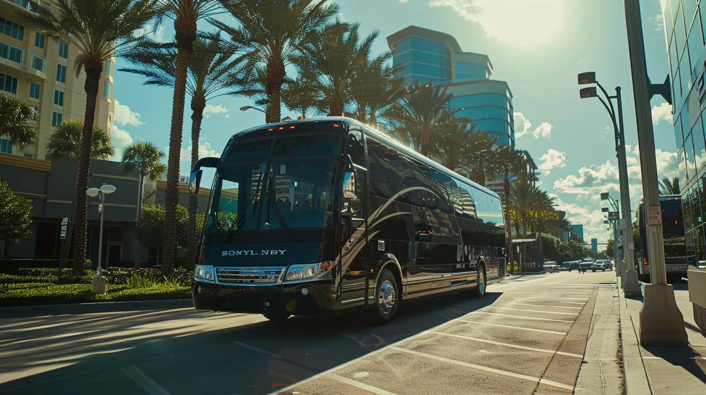 a sleek tampa corporate charter bus, gleaming under the warm florida sun, showcases spacious interiors designed for comfort and efficiency, parked against the backdrop of the vibrant tampa convention center.